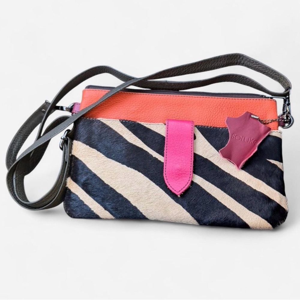 Soruka Zebra Print Crossbody Bag with Coral & Hot Pink Trim